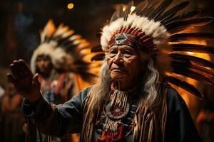 nativo americano tribal chefe dentro tradicional cerimonial regalia realizando ancestral dança foto