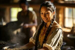 nativo americano mulher cozinhando tradicional pão de milho para herança mês celebração foto