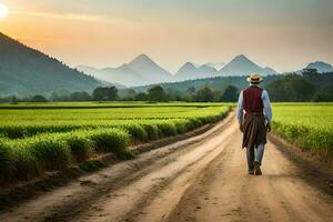 uma homem caminhando baixa uma sujeira estrada dentro uma arroz campo. gerado por IA foto