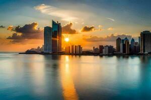 a Sol conjuntos sobre a cidade Horizonte dentro abu dhabi. gerado por IA foto