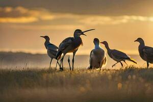 uma grupo do pássaros em pé dentro uma campo às pôr do sol. gerado por IA foto