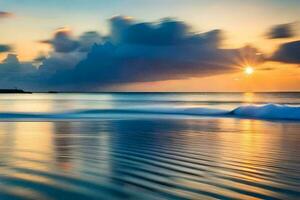 pôr do sol sobre a oceano com ondas e nuvens. gerado por IA foto