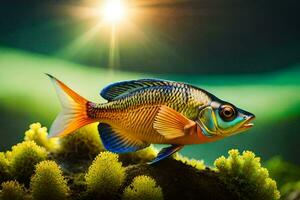 uma peixe com brilhante cores é em pé em topo do uma verde plantar. gerado por IA foto