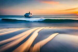 uma barco é Navegando dentro a oceano às pôr do sol. gerado por IA foto