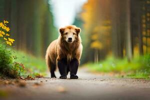 uma Castanho Urso caminhando baixa uma estrada dentro a floresta. gerado por IA foto