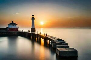 uma farol às pôr do sol com uma doca e cais. gerado por IA foto