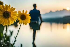 homem em pé dentro frente do uma lago com girassóis. gerado por IA foto