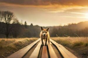 uma cachorro caminhando em uma trem rastrear às pôr do sol. gerado por IA foto