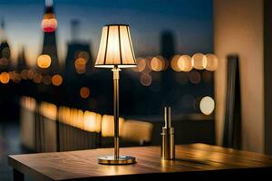uma mesa luminária em uma mesa dentro frente do uma cidade Horizonte. gerado por IA foto