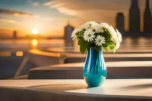 uma azul vaso com flores em uma mesa dentro frente do uma cidade Horizonte. gerado por IA foto