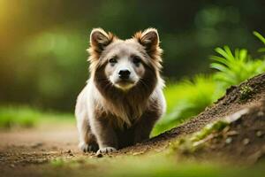 uma cachorro é em pé em uma sujeira estrada. gerado por IA foto