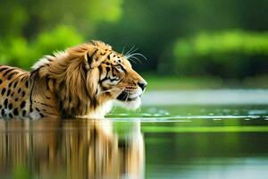uma tigre é em pé dentro a água. gerado por IA foto