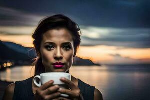 uma mulher segurando uma copo do café dentro frente do a oceano. gerado por IA foto