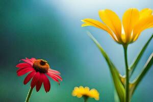 dois amarelo flores estão em pé Próximo para cada outro. gerado por IA foto