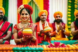 indiano Casamento cerimônia com noiva e noivo. gerado por IA foto