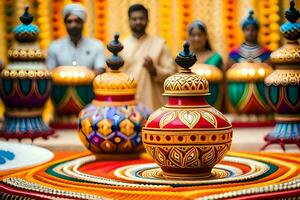 uma mesa com colorida vasos e velas. gerado por IA foto