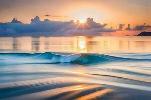 pôr do sol sobre a oceano, ondas, água, hd papel de parede. gerado por IA foto