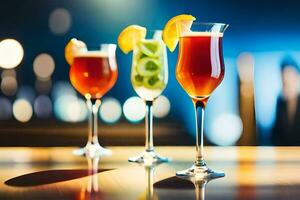 três óculos do diferente bebidas em uma bar. gerado por IA foto