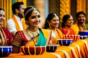 uma mulher dentro uma sari é sorridente enquanto outras estão sorridente. gerado por IA foto