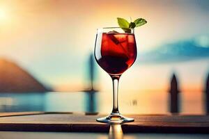 uma vidro do vermelho vinho em uma mesa dentro frente do a oceano. gerado por IA foto