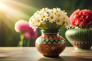 dois vasos com flores em uma mesa. gerado por IA foto