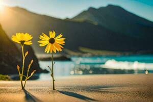 foto papel de parede a mar, flores, montanhas, a praia, a sol, a montanhas, o. gerado por IA