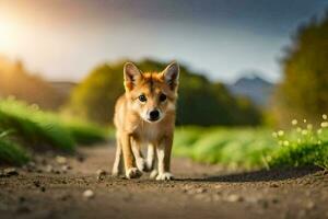 uma pequeno cachorro caminhando em uma sujeira estrada. gerado por IA foto