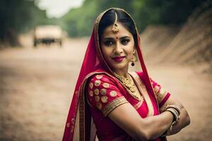 uma mulher dentro tradicional indiano vestuário poses para uma retrato. gerado por IA foto