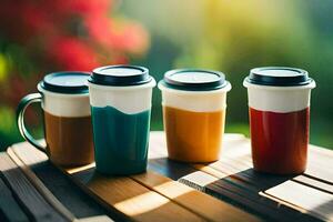 quatro café copos com diferente colori tampas. gerado por IA foto