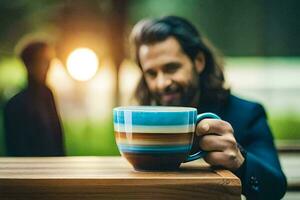 uma homem com grandes cabelo segurando uma café copo. gerado por IA foto