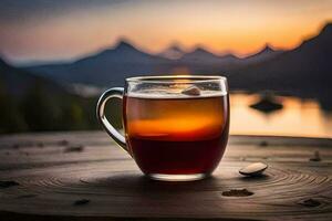 uma copo do chá em uma de madeira mesa com uma Visão do a pôr do sol. gerado por IA foto