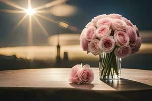 Rosa rosas dentro uma vaso em uma mesa com a Sol dentro a fundo. gerado por IA foto