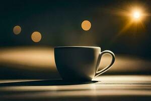 uma café copo em uma mesa com uma brilhante luz atrás isto. gerado por IA foto