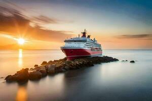 uma cruzeiro navio dentro a oceano às pôr do sol. gerado por IA foto