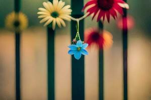 uma azul flor suspensão a partir de uma cerca. gerado por IA foto