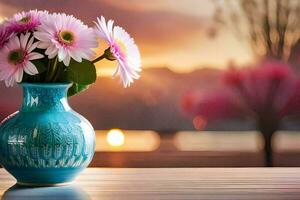 uma azul vaso com Rosa flores em uma mesa. gerado por IA foto