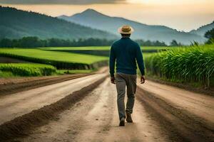uma homem caminhando baixa uma sujeira estrada dentro frente do uma milho campo. gerado por IA foto
