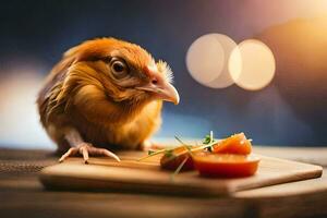 uma frango é sentado em uma de madeira corte borda com uma peça do tomate. gerado por IA foto