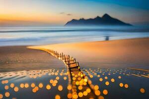 uma de praia com luzes em a areia. gerado por IA foto