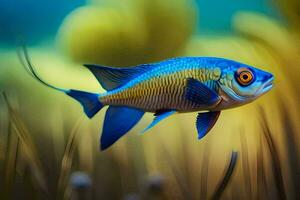 uma azul e amarelo peixe natação dentro a água. gerado por IA foto