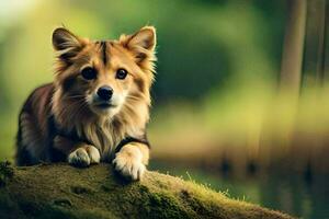 uma cachorro sentado em uma Rocha dentro a madeiras. gerado por IA foto