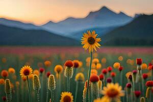 girassol campo dentro a montanhas às pôr do sol. gerado por IA foto