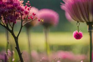 uma Rosa flor é suspensão a partir de uma flor cabeça. gerado por IA foto