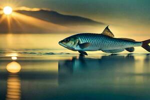 uma peixe é natação dentro a água às pôr do sol. gerado por IA foto