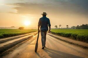 uma homem caminhando baixa uma sujeira estrada com uma beisebol bastão. gerado por IA foto