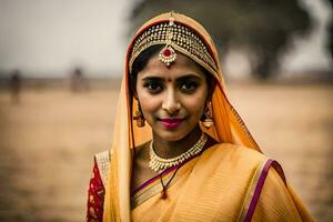 uma mulher dentro tradicional indiano traje. gerado por IA foto