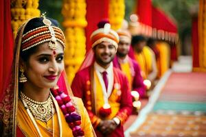 indiano Casamento cerimônia dentro uma tradicional contexto. gerado por IA foto