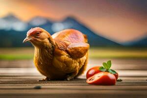 uma frango é em pé em uma de madeira área coberta com tomates. gerado por IA foto