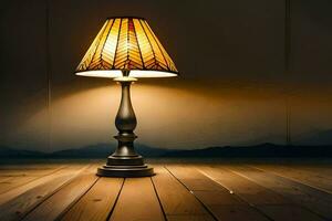 uma luminária em uma de madeira chão dentro frente do uma janela. gerado por IA foto