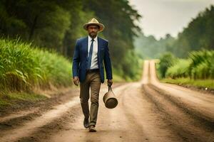 uma homem dentro uma terno e chapéu caminhando baixa uma sujeira estrada. gerado por IA foto